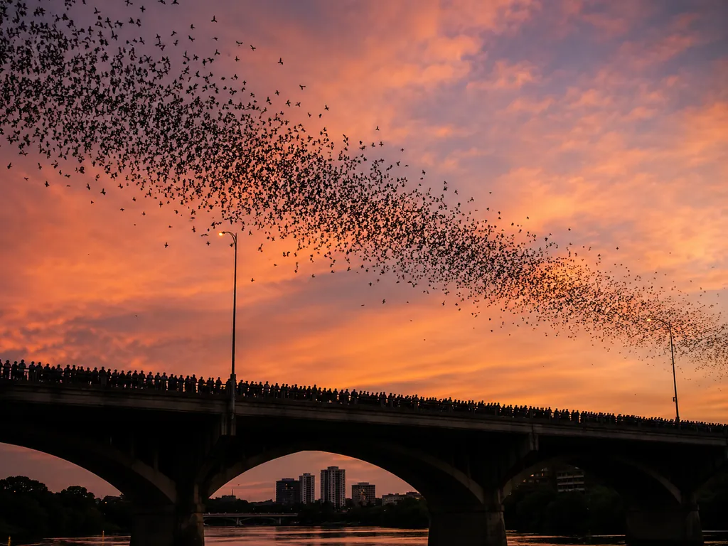 Mexican free-tailed bats leaving Congress Avenue Bridge at dusk