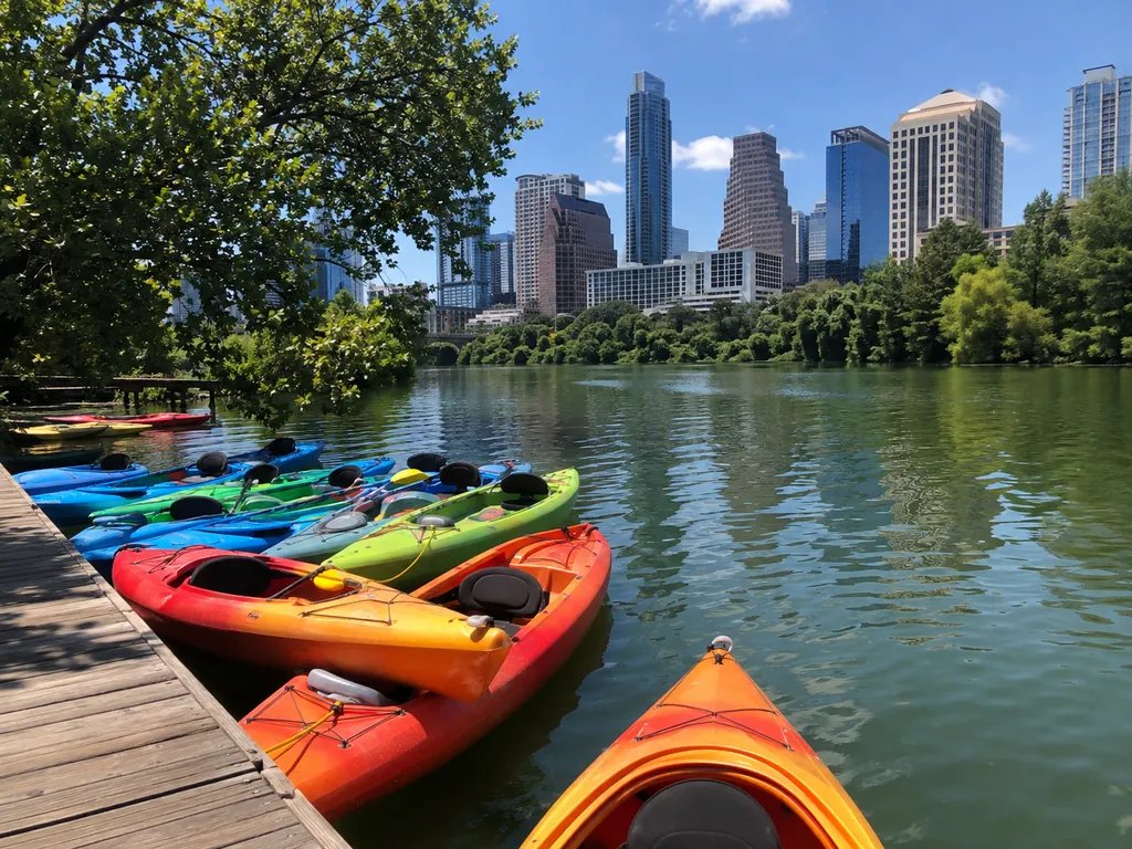 Kayaks on Lady Bird Lake near downtown Austin